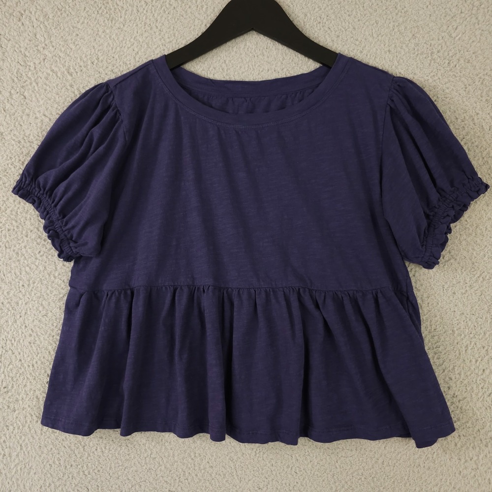 Anthropologie Shirt Womens Small Blue Swingy Puff Sleeve Tee Cropped Boho Casual